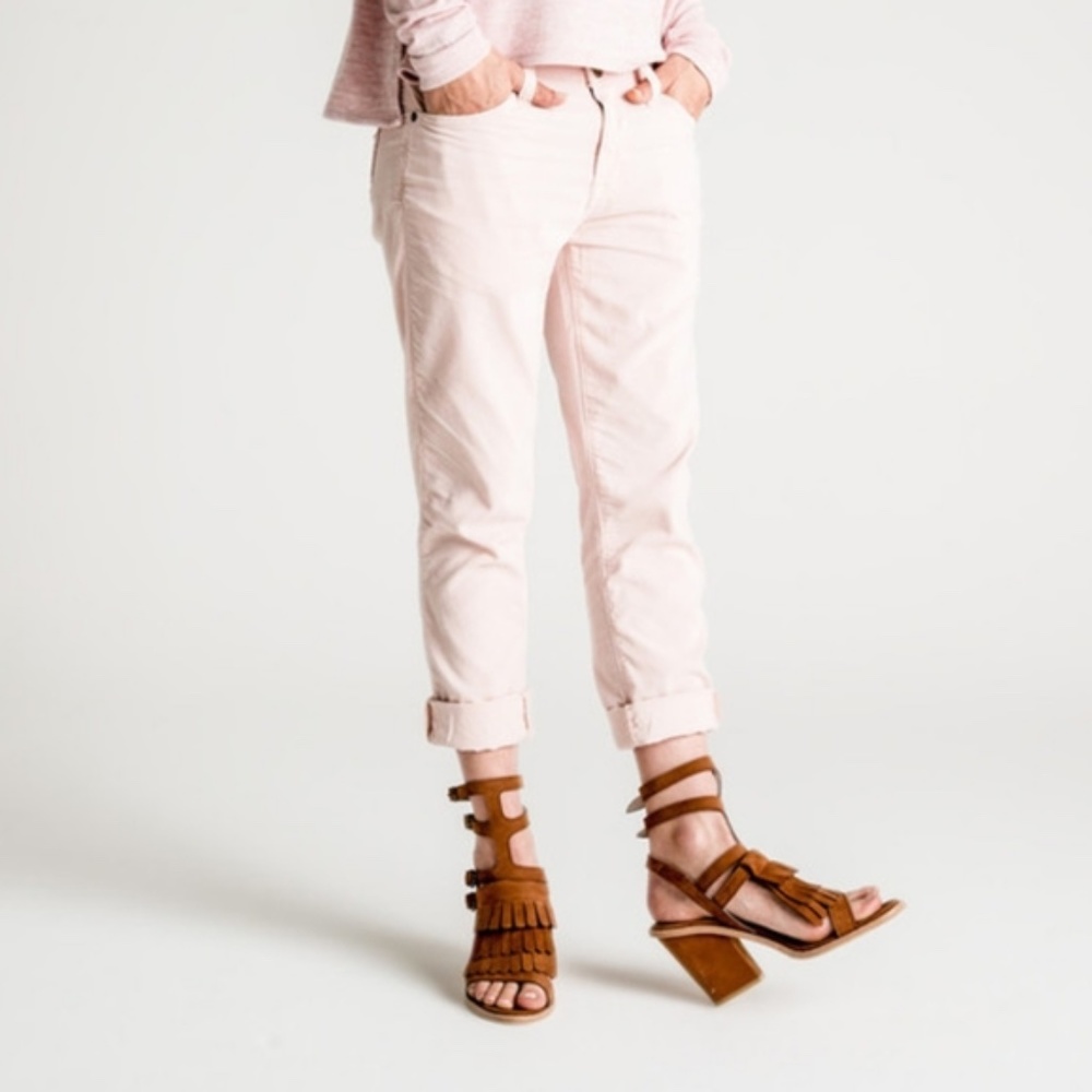 Freda Salvador Fringed Gladiator Block Heel Sandals In Camel Suede US 6.5